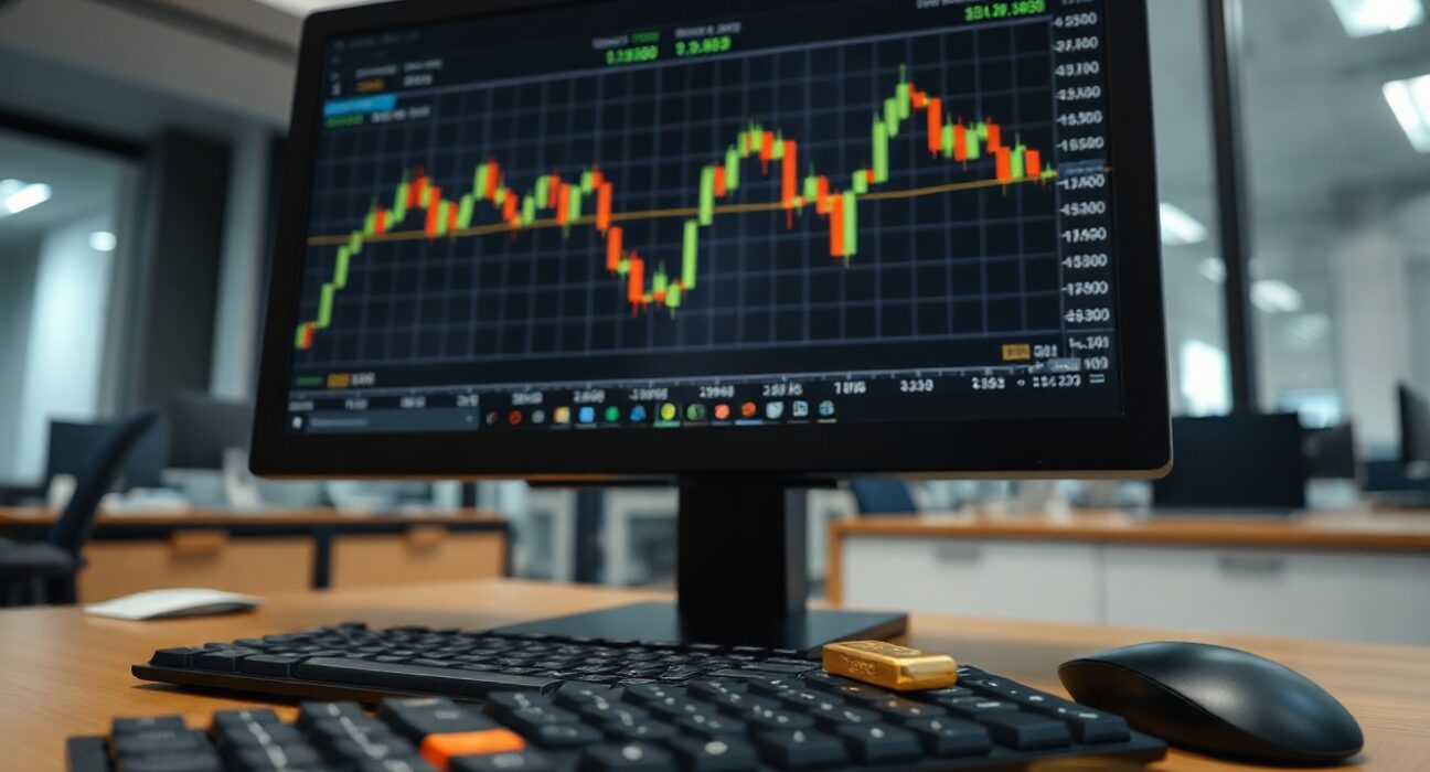 Trader monitoring gold and silver price charts on a computer screen with physical bullion on desk