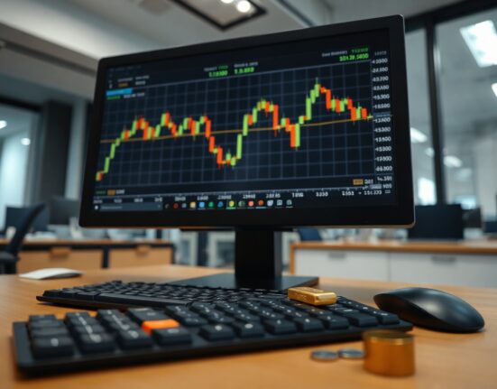 Trader monitoring gold and silver price charts on a computer screen with physical bullion on desk