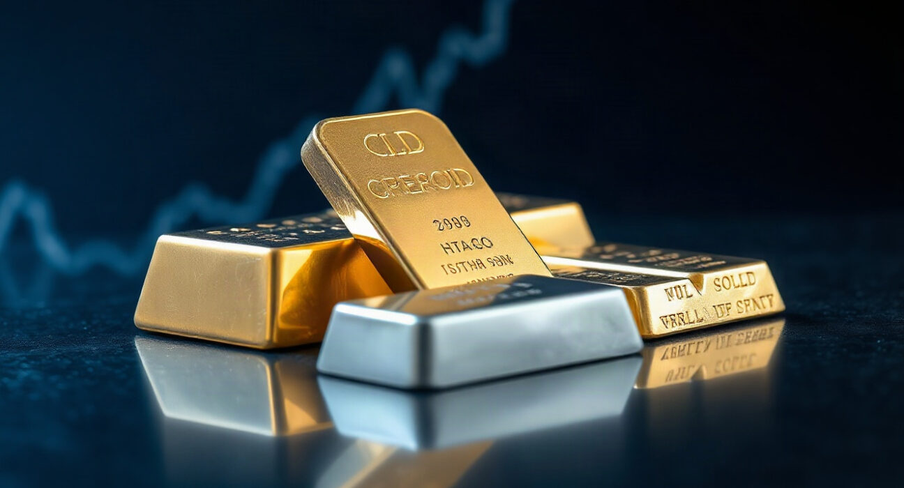 Gold and silver bullion bars on a dark surface with a price chart in the background