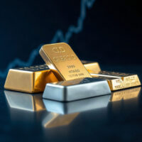 Gold and silver bullion bars on a dark surface with a price chart in the background