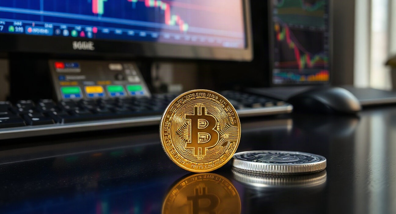 Gold and silver coins on a desk with a trading chart showing a decline in the background