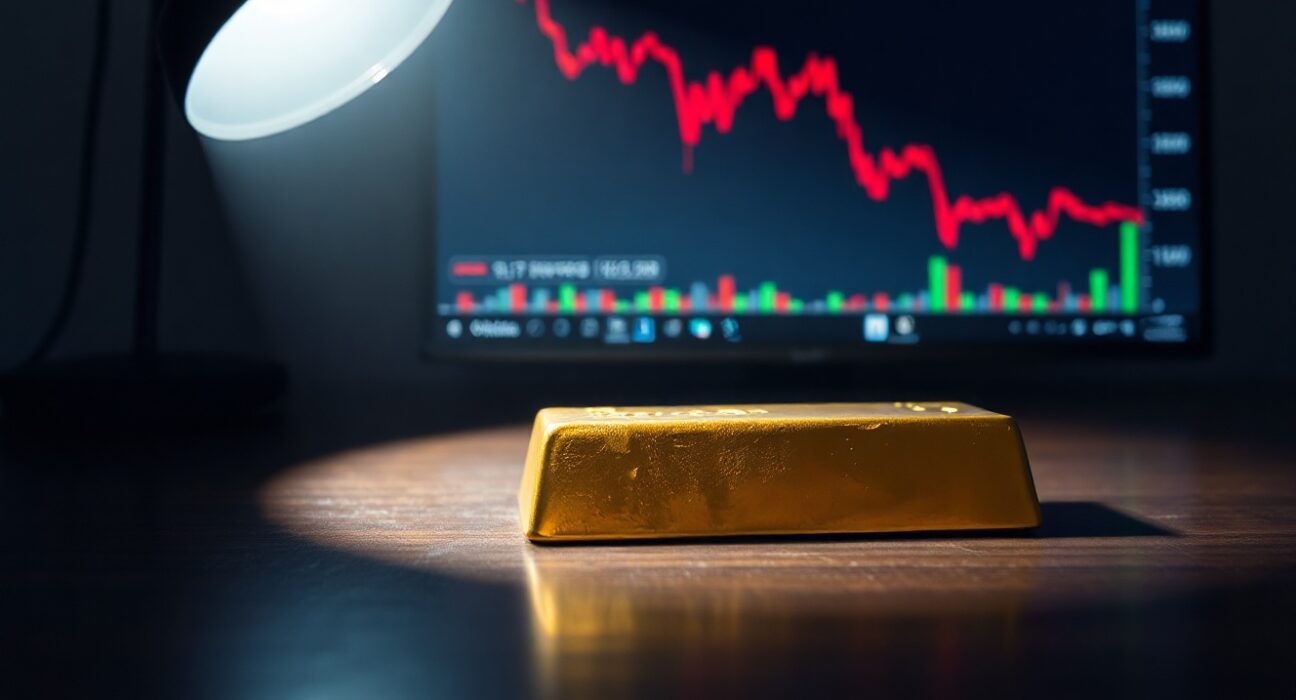 Gold bar on dark surface with a financial chart showing a downward trend in the background.