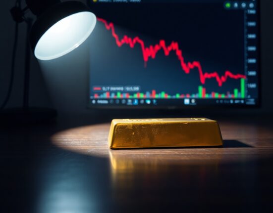 Gold bar on dark surface with a financial chart showing a downward trend in the background.