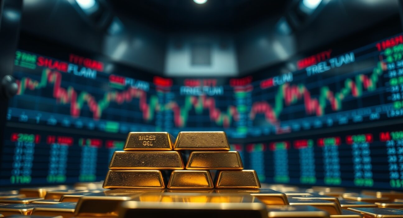 Gold bars in a vault with financial market charts in the background indicating a price decline.