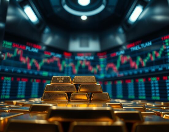 Gold bars in a vault with financial market charts in the background indicating a price decline.