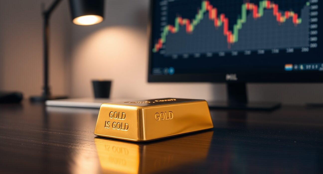 Gold bullion bar on dark wood with a blurred financial chart in background