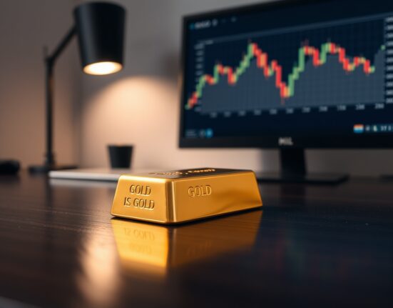 Gold bullion bar on dark wood with a blurred financial chart in background