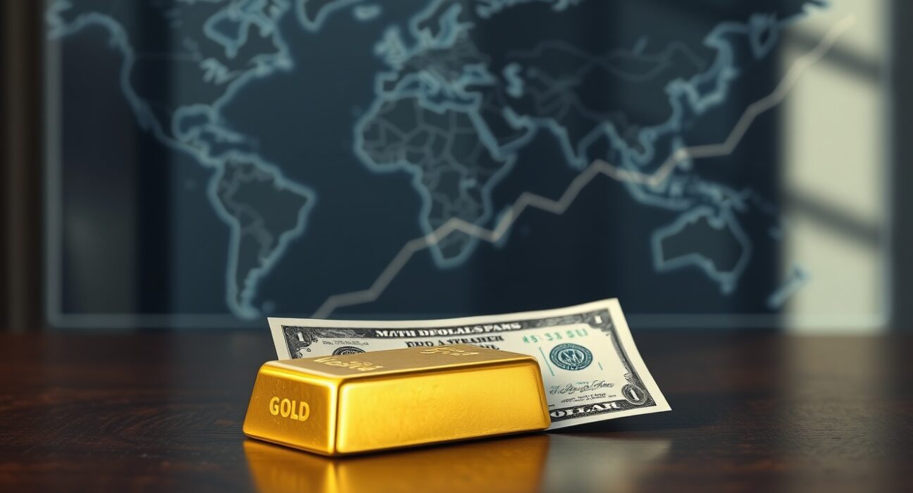 Gold bars and US dollar bills representing the gold price drop below $4,700 amid Iran impasse and Dollar bid