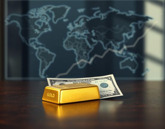 Gold bars and US dollar bills representing the gold price drop below $4,700 amid Iran impasse and Dollar bid