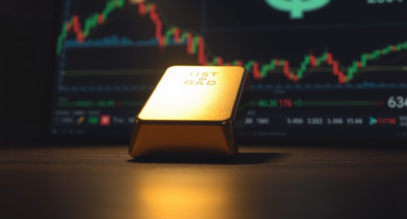 Gold bar on wooden surface with financial charts in background