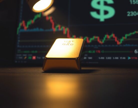 Gold bar on wooden surface with financial charts in background