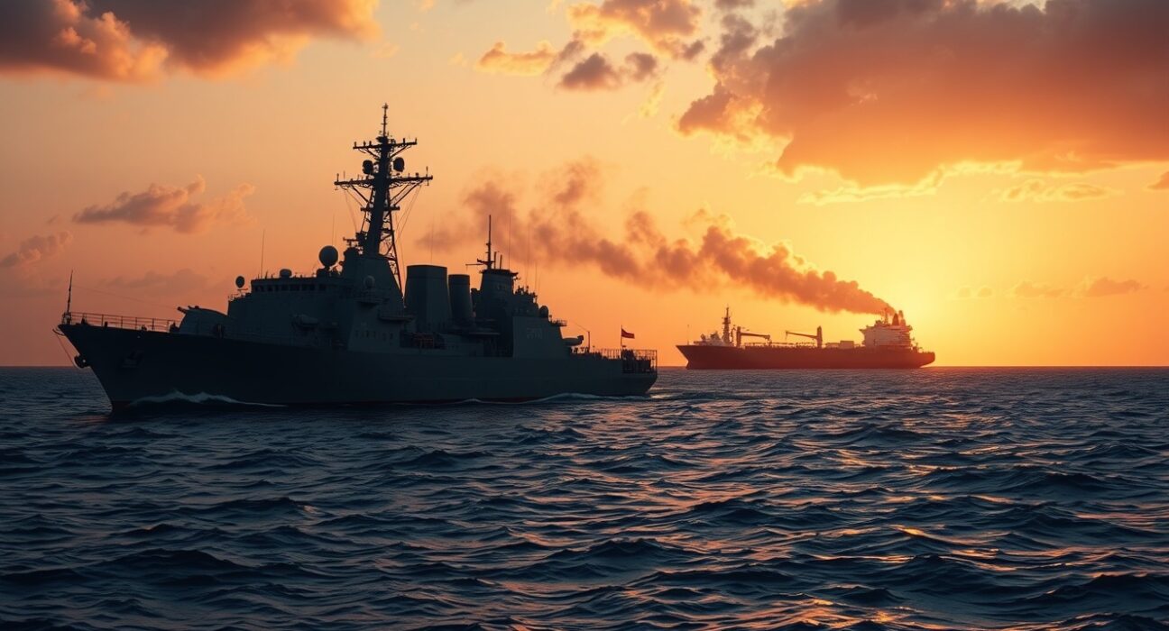 Naval vessel firing near the Strait of Hormuz at sunset with smoke in the background