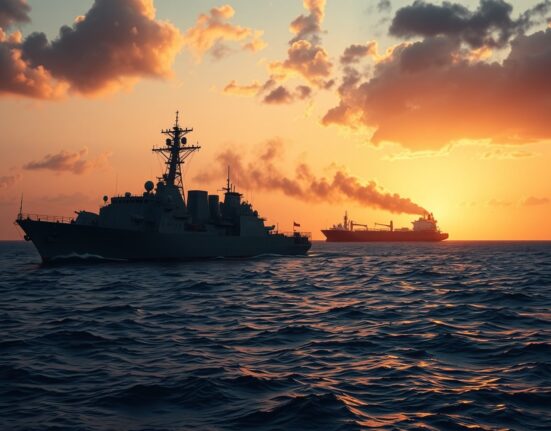 Naval vessel firing near the Strait of Hormuz at sunset with smoke in the background