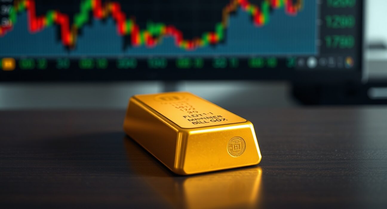 A single gold bar on a dark surface with a blurred financial chart showing market declines in the background.