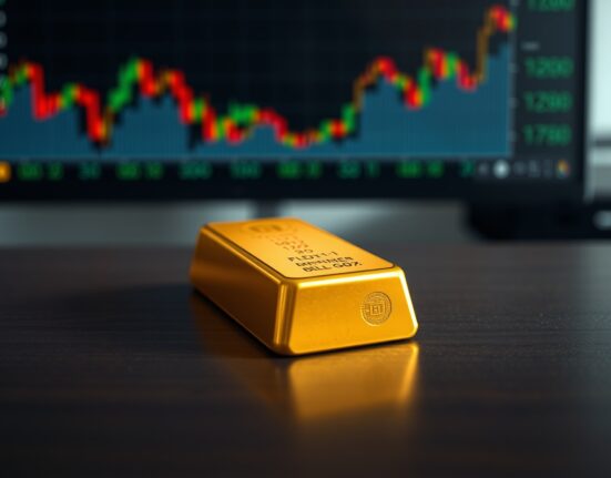 A single gold bar on a dark surface with a blurred financial chart showing market declines in the background.