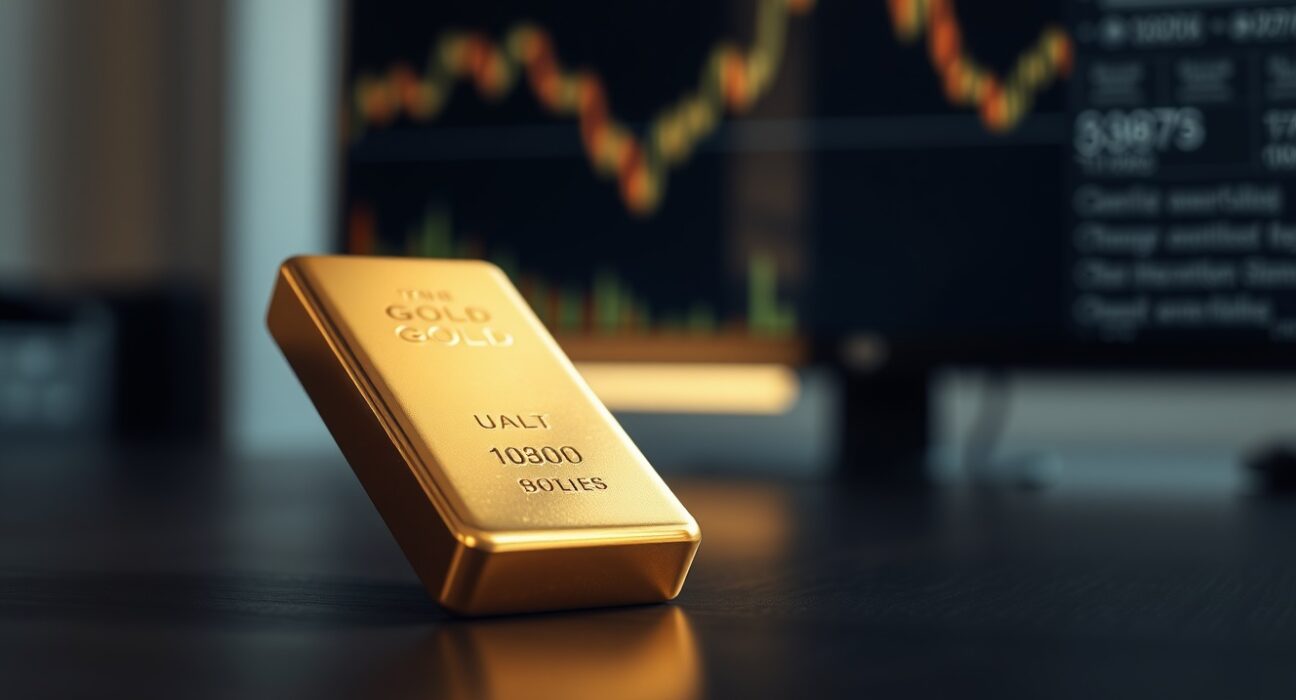 Gold bar with a downward-trending financial chart in the background representing falling prices