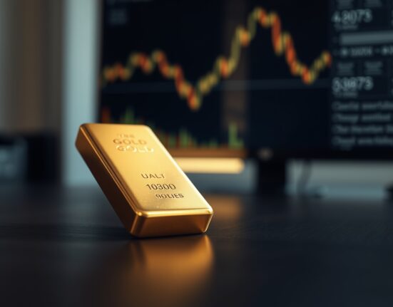 Gold bar with a downward-trending financial chart in the background representing falling prices