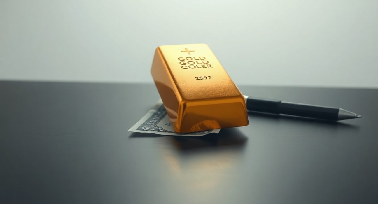 Gold bar and US dollar on a desk representing market dynamics