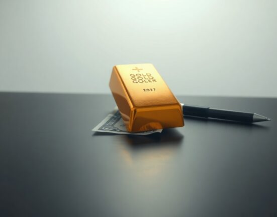 Gold bar and US dollar on a desk representing market dynamics