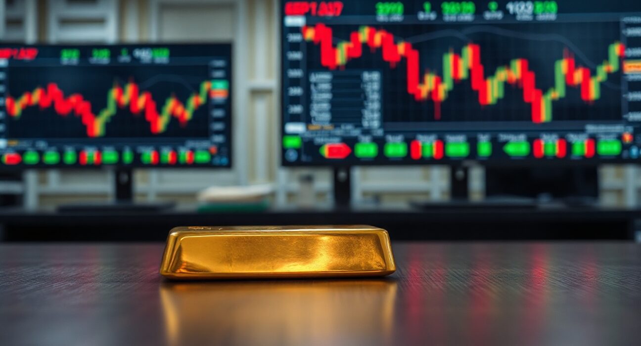 Gold bar on a desk with blurred financial monitors in the background.