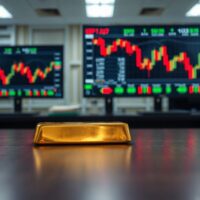 Gold bar on a desk with blurred financial monitors in the background.
