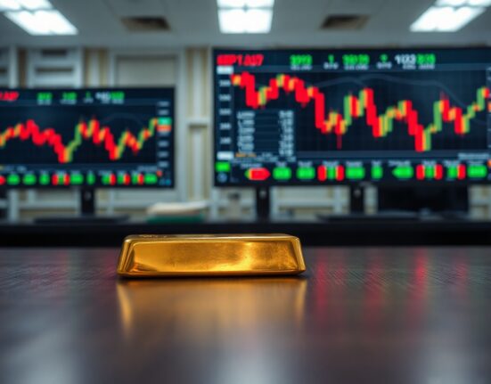 Gold bar on a desk with blurred financial monitors in the background.