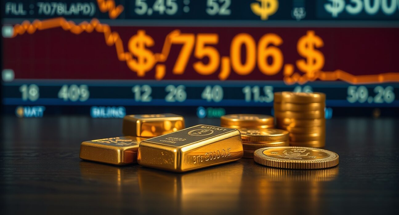 Gold bars and coins on a table with a financial ticker showing falling prices and dollar strength