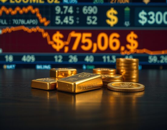 Gold bars and coins on a table with a financial ticker showing falling prices and dollar strength