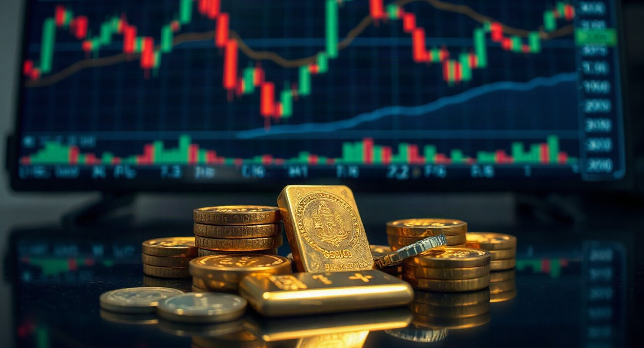 Gold bars and coins on a trading desk with a blurred market chart in the background.