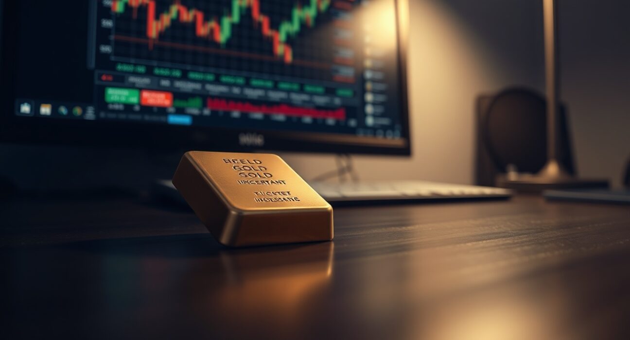 Gold bars on reflective surface with financial charts in background, representing market volatility and safe-haven demand.