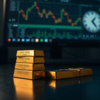 Gold bars on reflective surface with financial charts in background, representing market volatility and safe-haven demand.