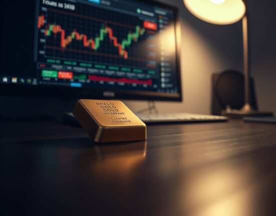 Gold bar on a desk with financial charts and news ticker in the background