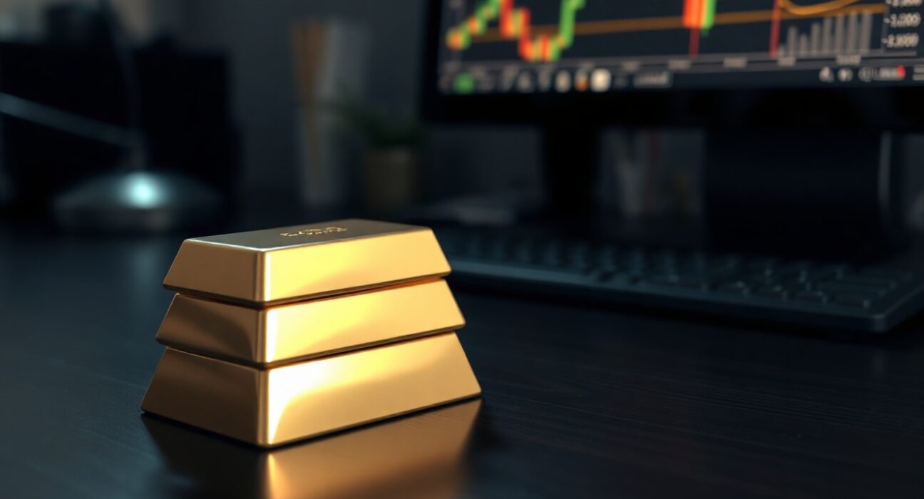 Gold bars on a wooden surface with a financial chart showing a downward trend in the background.