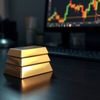 Gold bars on a wooden surface with a financial chart showing a downward trend in the background.