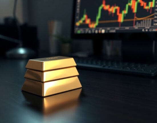 Gold bars on a wooden surface with a financial chart showing a downward trend in the background.