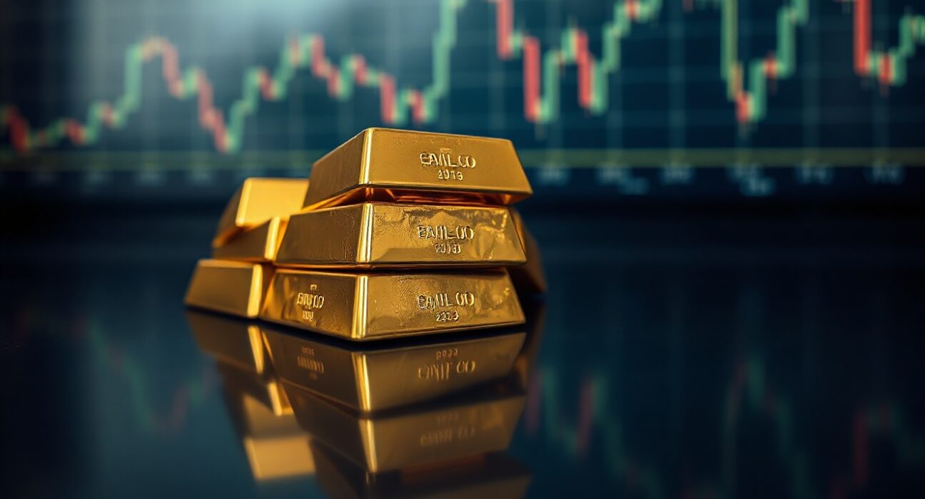 Gold bars on a reflective surface, representing the precious metal's price movement.