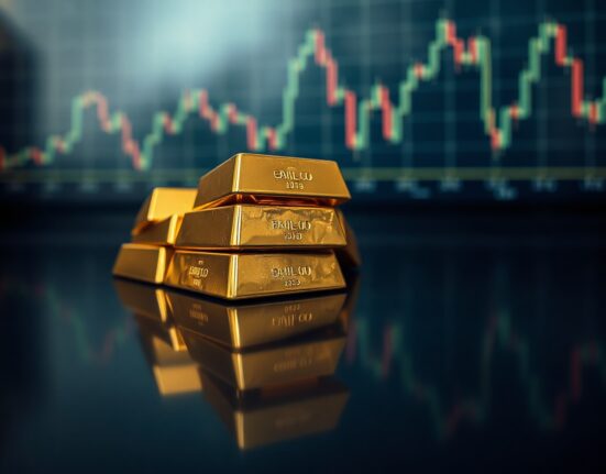 Gold bars on a reflective surface, representing the precious metal's price movement.