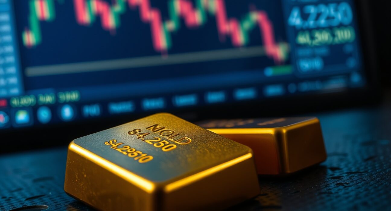 Gold bar on a dark surface with a blurred monitor showing a declining chart and the price $4,250.