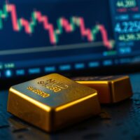 Gold bar on a dark surface with a blurred monitor showing a declining chart and the price $4,250.