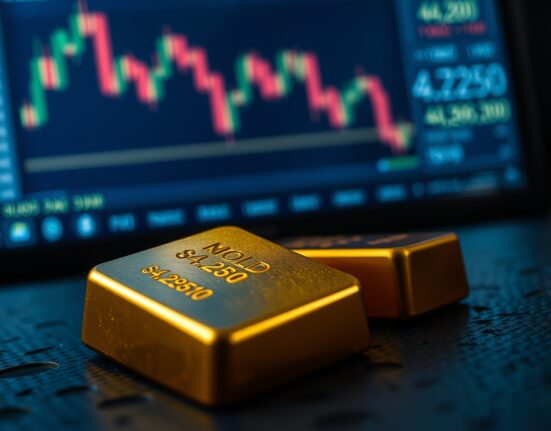 Gold bar on a dark surface with a blurred monitor showing a declining chart and the price $4,250.