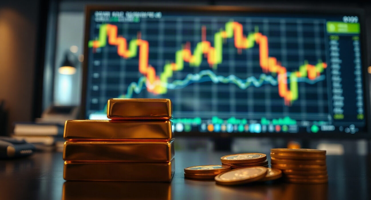 Gold bars and coins on a desk with a trading chart in the background, representing market movements.