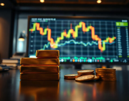 Gold bars and coins on a desk with a trading chart in the background, representing market movements.
