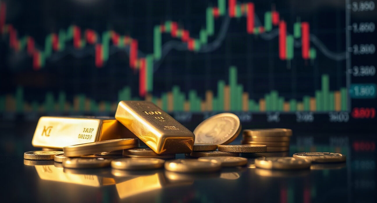 Gold bars and coins with a financial chart in the background, symbolizing market uncertainty