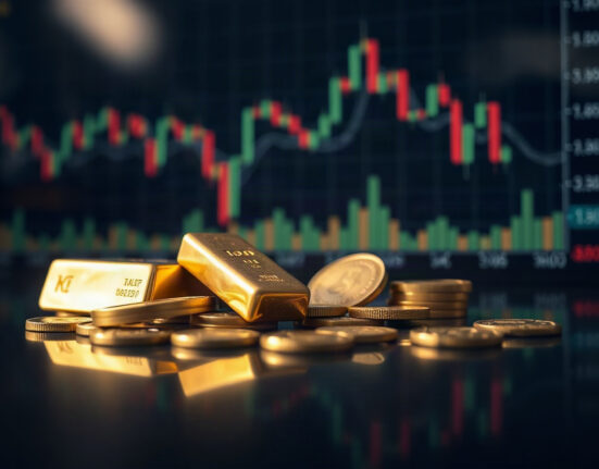 Gold bars and coins with a financial chart in the background, symbolizing market uncertainty