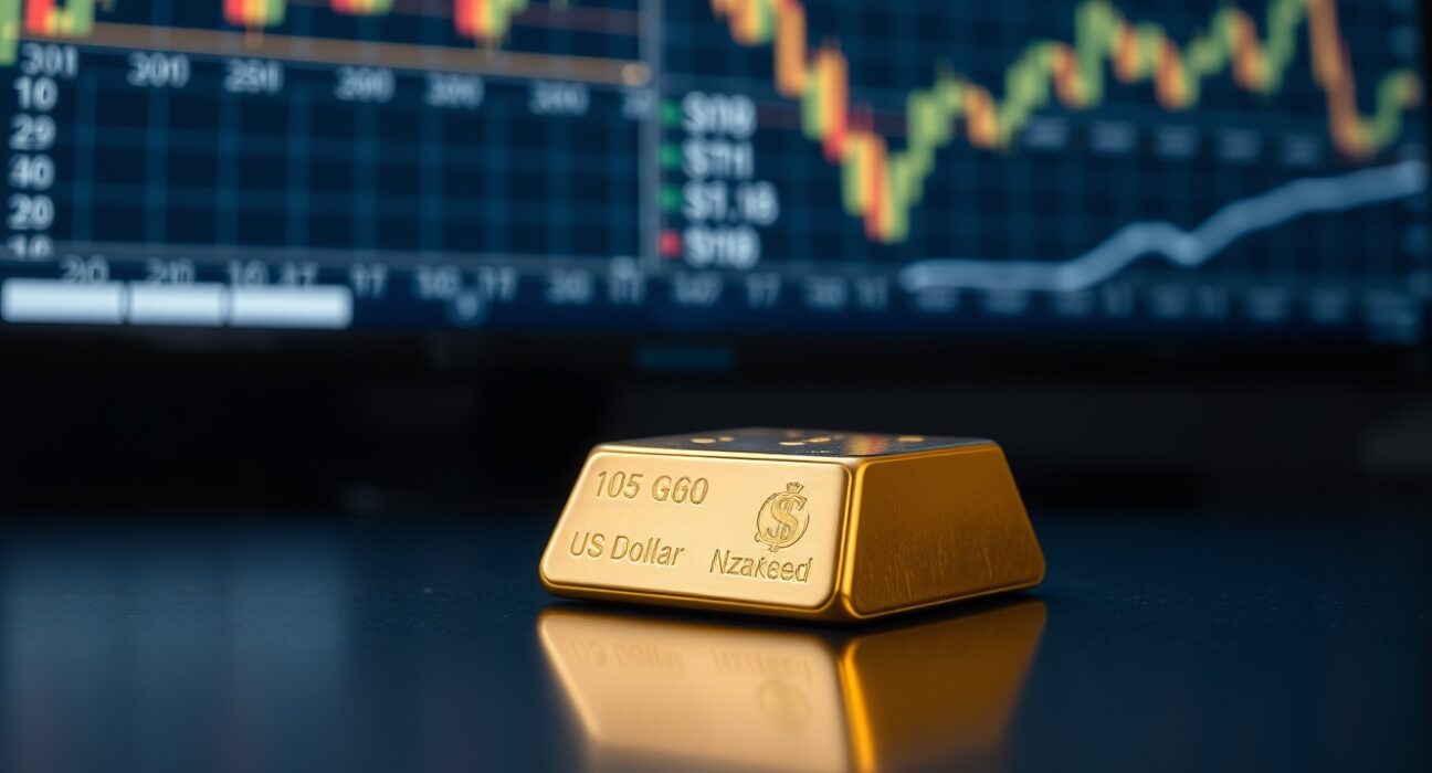 Gold bar on reflective surface with financial charts in background representing market analysis