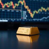 Gold bar on reflective surface with financial charts in background representing market analysis