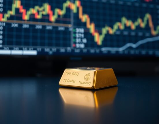 Gold bar on reflective surface with financial charts in background representing market analysis