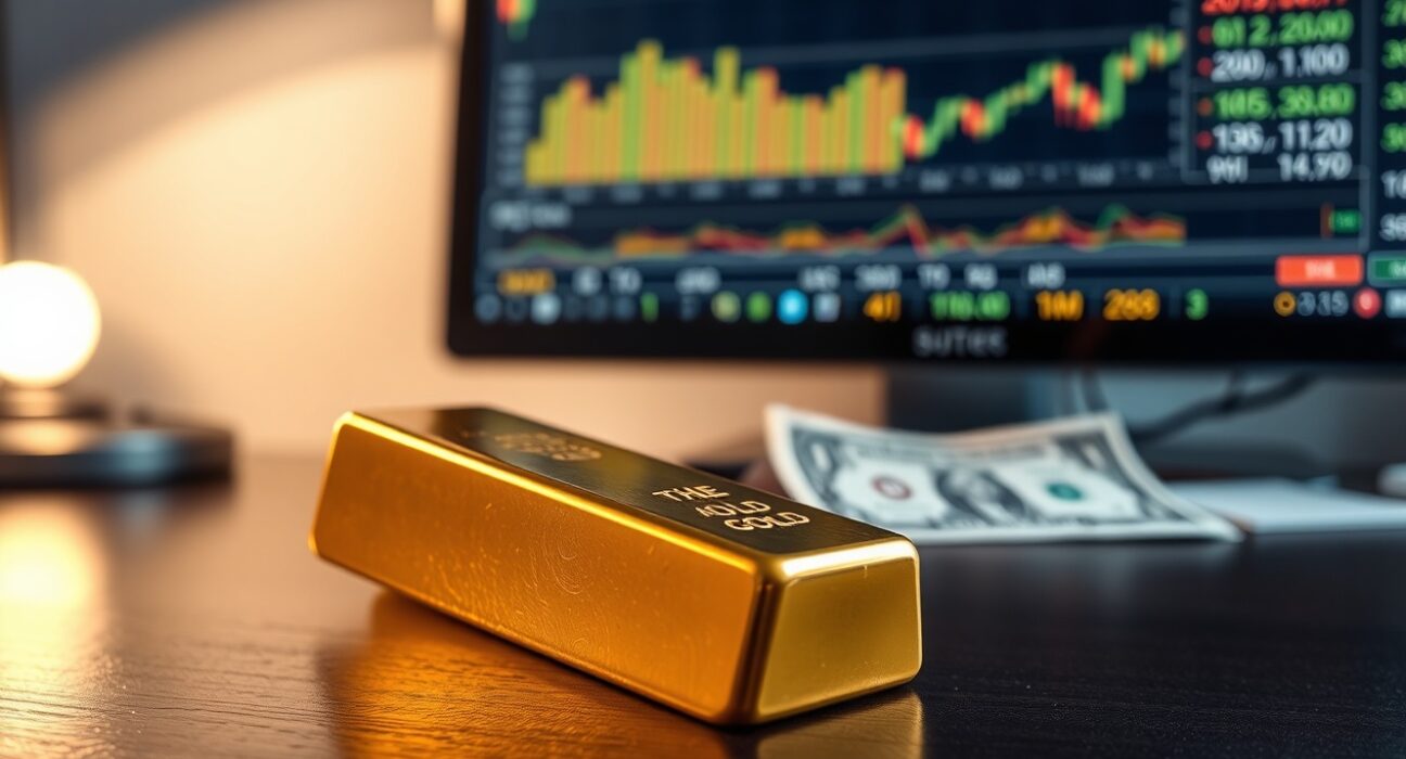 Gold bar on wooden surface with financial charts and US dollar in background