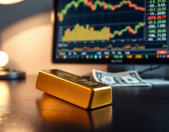 Gold bar on wooden surface with financial charts and US dollar in background