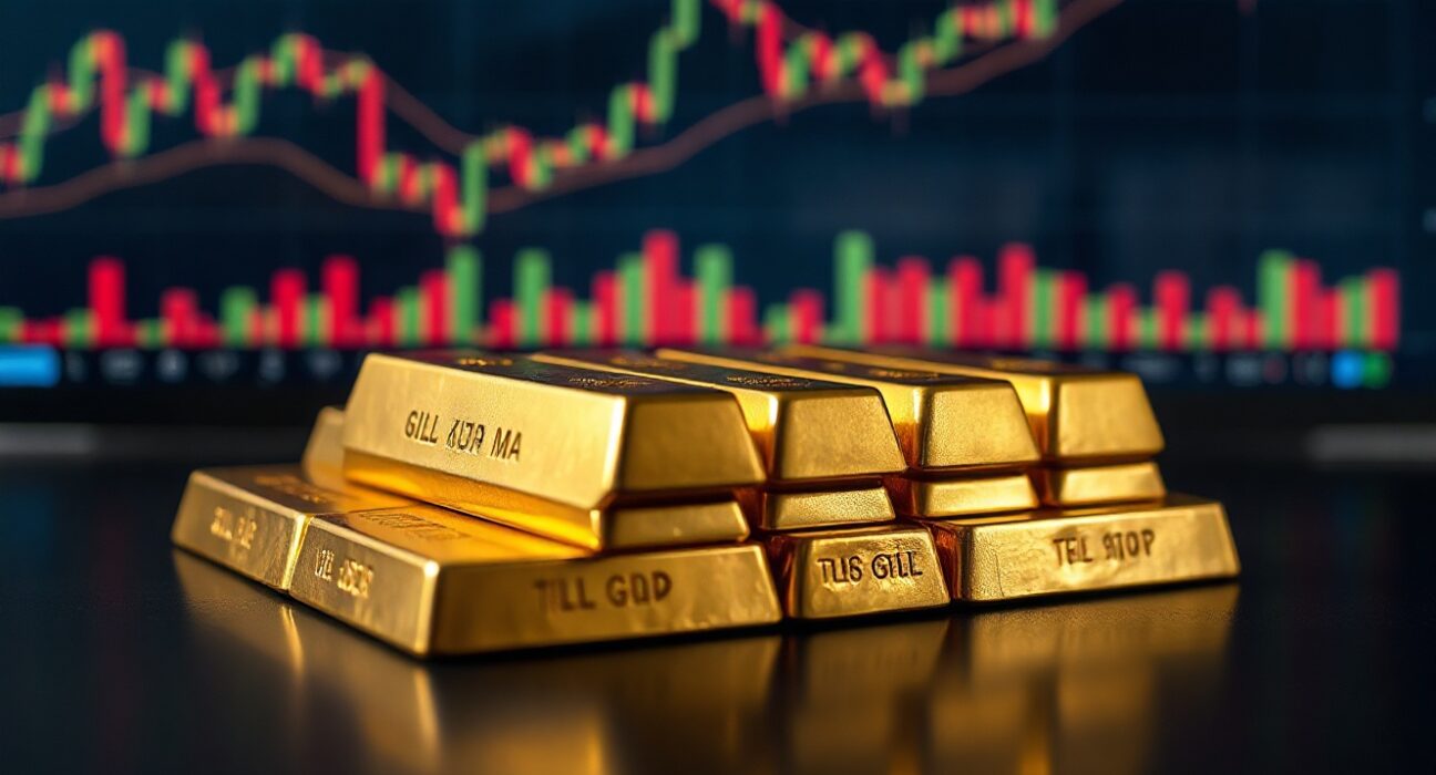 Gold bullion bars on a reflective surface with financial charts in the background